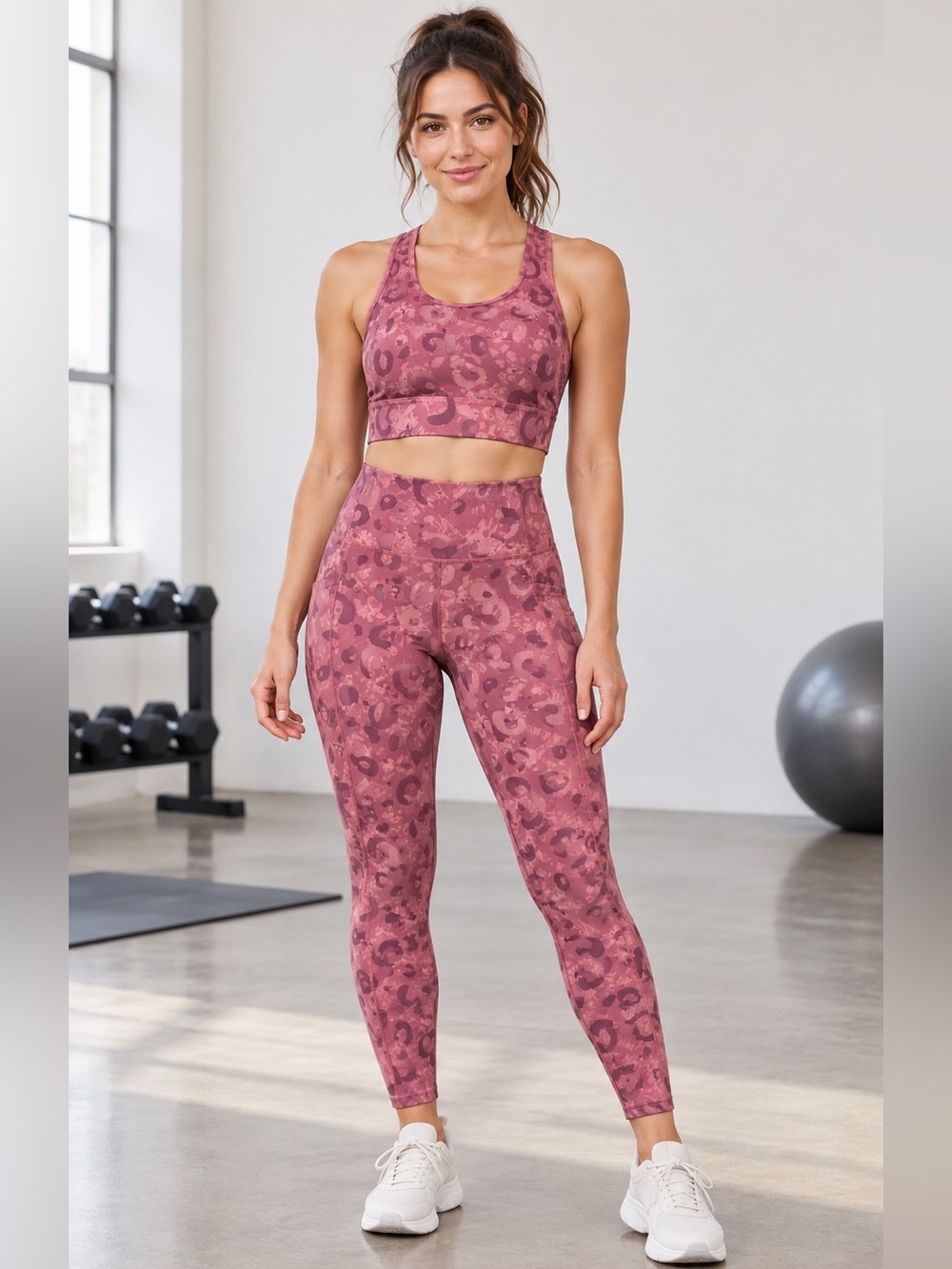 Body Glove M Pink Leopard Sports Bra High Rise Pocket Leggings Set NWT